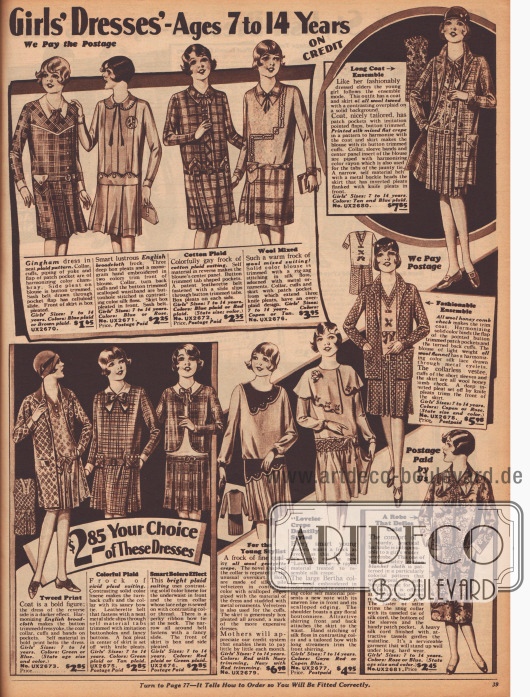 „Mädchenkleider – Für 7 bis 14-jährige – Auf Kredit“ (engl. „Girls‘ Dresses‘ – Ages 7 to 14 Years – On Credit”).
Unter den schicken Kleidern für junge Mädchen befinden sich auch drei Ensembles, ein Kleid mit Bolero-Effekt und ein Bademantel aus bunt bedrucktem Baumwollgewebe für Mädchen. Die Ensembles wurden aus Woll-Tweed und buntem Krepp, Woll-Flanell sowie englischem Breitgewebe hergestellt. Für die Kleider wurden grob karierte Baumwolle, englisches Breitgewebe, Woll-Mischgewebe oder Woll-Georgette Krepp verwendet. Stickereien und Schleifen werten die Modelle auf.