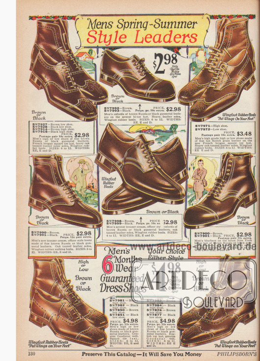 Robuste Halbschuhe (Oxfords und Blüchers) und Stiefeletten für Herren aus Russischleder, grobem genarbtem Leder und anderen Ledersorten mit Ledersohlen und Goodyear Gummiabsätzen.