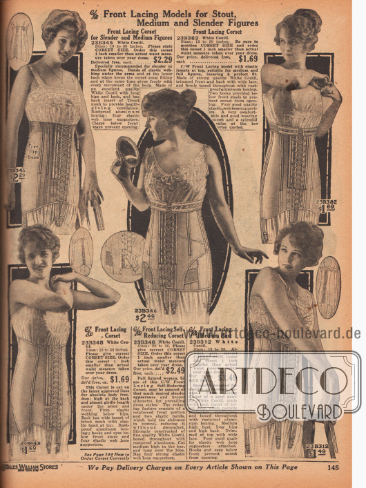 Fotografische Abbildungen von Korsetts für unterschiedliche Frauenfiguren (starke, durchschnittliche und schlanke Damen) aus weißem Coutil (robuster Baumwollstoff) und mit elastischen Einsätzen. Einzelne Korsetts mit Spitzenkante.
Alle Modelle sind mit Frontschnürung versehen. Nicht rostende Aluminiumdrähte sorgen für die dauerhaft, starke Formgebung.