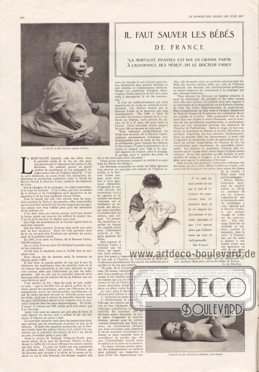 Artikel:
Macéra, Georges de, Il faut sauver les bébés de France! („La mortalité infantile est due en grande partie à l'ignorance des mères“, dit le docteur Variot).
Fotos: unbekannt.
