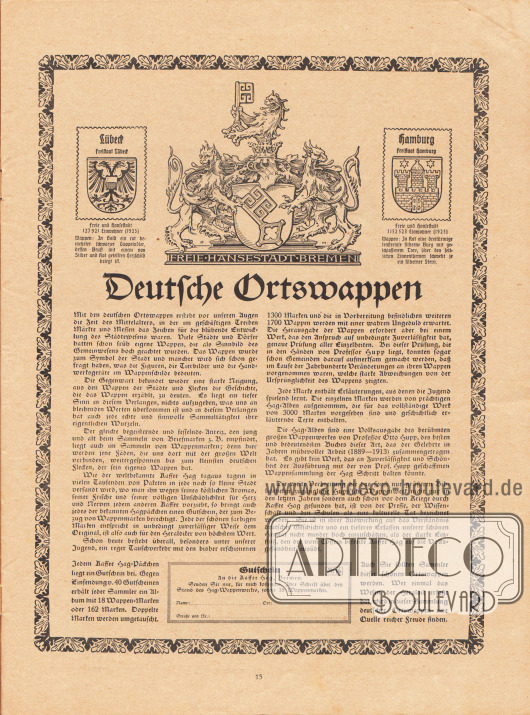 Werbung:
„Deutsche Ortswappen“: Jedem Kaffee Hag Päckchen liegt ein Gutschein bei. Gegen Einsendung v. 40 Gutscheinen erhält jeder Sammler ein Album mit 18 Wappen-Marken oder 162 Marken, Kaffee Hag.
