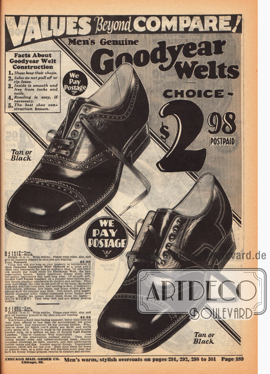 Zwei Oxford Herrenschuhe mit Lochverzierungen (Perforationen) und Ziernähten in breiten Ausführungen zum Schnüren. Beide Schnürschuhe sind aus Kalbsleder besitzen einen Rahmen von Goodyear sowie eine kantige Vorderkappe und kosten 2,98 Dollar das Paar.