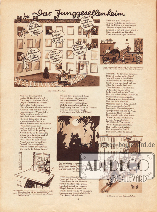 Fünf unterhaltsame Karikaturen zum Thema „Das Junggesellenheim“ mit Reimen.
Zeichnungen: Hans Kossatz (1901-1985).