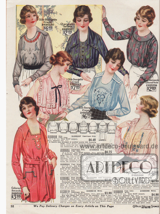 Sechs Damenblusen aus Seiden-Georgette Krepp, farblich changierendem Taft, Voile (Schleierstoff) und Crêpe de Chine sowie eine Kasack aus leichtem „Beach Cloth“ (Baumwollgewebe mittleren Gewichts und Kammgarn-Abschluss).
Als Ausschnittformen zeigen sich quadratische und V-förmige, aber vor allem runde und ovale Formen. Die Kragen reichen bis zur Schulter und reichen hinten bis zur Hälfte des Rückens (Matrosenkragen). Kasack und eine Bluse mit spitzem Kragen, ein Modell ohne Kragen. Borte aus Valenciennesspitze, Stickereien, Biesen, Hohlnähte, Knöpfe oder feine Schleifen geben jeder Bluse eine individuelle Note.