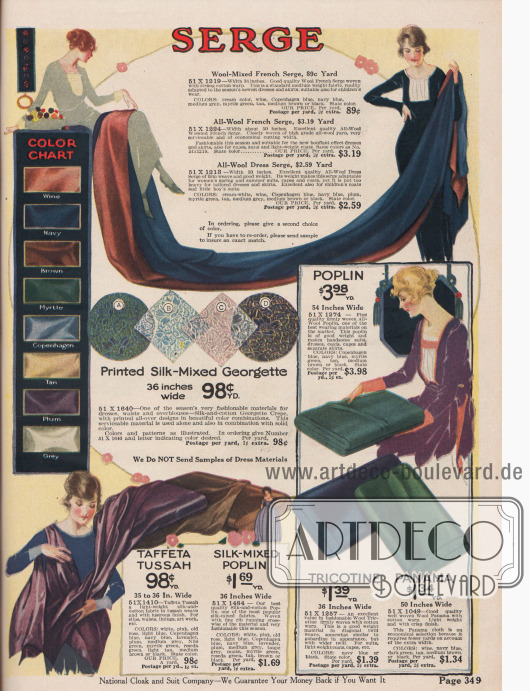 Kleider und Kostümstoffe wie Serge, Poplin, Tricotine, Panama, Seiden-Georgette, Taft-Tussah (Seidenstoff) und Seiden-Poplin.