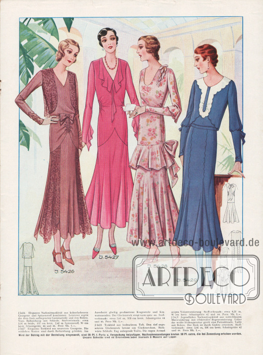 Elegante Nachmittags- und Teekleider.
V.l.n.r.: Kakaofarbenes Nachmittagskleid aus Georgette. Die aufliegenden Garniturteile und der Bolero sind aus Spitzenstoff.
Neurotes Georgettekleid mit Reihenziehung an der Taille, glockig geschnittenen Kragenteilen und Krawattenenden.
Teekleid aus bedrucktem Taft mit tiefem Glockenrock, Volants und rückwärtiger Schleife.
Das letzte Kleid aus mittelblauem Marocainkrepp mit Bogenverzierung zeigt einen Bolero und einen Rock der mit Godets erweitert ist. Weiße Seidengarnitur mit Pattenblende.