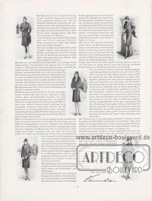 Artikel:
Henschke, Bruno, Die Mode für Herbst und Winter 1929/30. Ein Modebrief.
Der Artikel wird um fünf kleine Zeichnungen die ein geschneidertes Jackenkleid, ein Kostüm und drei Herbstmäntel für Damen zeigen. Der Damenmantel unten rechts ist ein doppelreihiger Paletot.