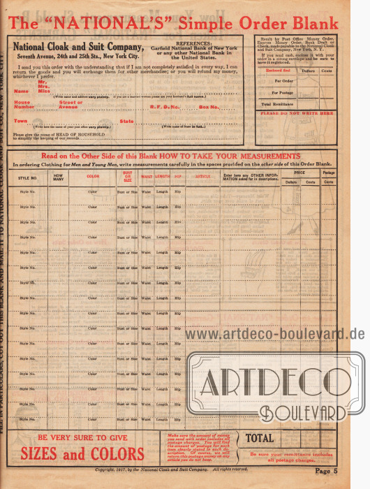 Heraustrennbarer Bestellschein des National Cloak & Suit Co. Versandhauskataloges von 1917-1918. Angegeben werden müssen die Adresse, die Artikel mit Konfektionsgröße und gewünschter Farbe sowie der der Bestellung beigefügte Barzahlungsbetrag.