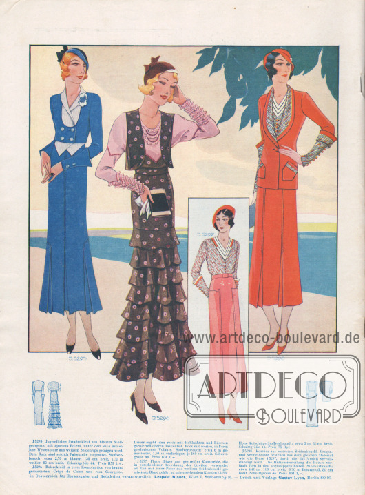 Elegantes Straßenkleid aus blauem Wollgeorgette mit einem Bolero aus gleichem Stoff. Dem Rock sind seitlich Faltenteile eingesetzt. In der Mitte wird ein braunes Bolerokleid aus Crêpe de Chine präsentiert. Das dem Kleid angenähte Oberteil aus rosa Georgette ist mit reichen Hohlnähten und Rüschenverzierungen bereichert. Rechts ein Kostüm aus rostrotem Seidenbouclé dessen Kragen- und Ärmelbesatz aus dem gleichen Material wie die Bluse gefertigt sind.