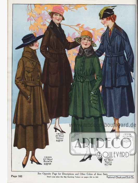 Damenkostüme aus khakifarbenem Woll-Burella (ein strapazierfähiges, weich-wolliges Material), braunem Woll-Velours, grünem Woll-Popeline und marineblauem Woll-Serge.
Die Jacke des ersten Kostüms zeigt einen klaren militärischen Stil, der durch die Farbe, die Brusttaschen und den hochgeschlagenen und gekreuzten Kragen zum Ausdruck kommt. Das zweite Modell besitzt einen mit Robbenpelz besetzten Schalkragen. Taschen mit Tressen und Knöpfen sowie ein mit Kaninchenfell verbrämten Kragen präsentiert das dritte Modell. Tütenartig gefaltete und aufgesetzte Taschen und ein weit überlappender Capekragen mit Samtbesatz sind die hervorstechenden Merkmale des vierten Jackenkleides.