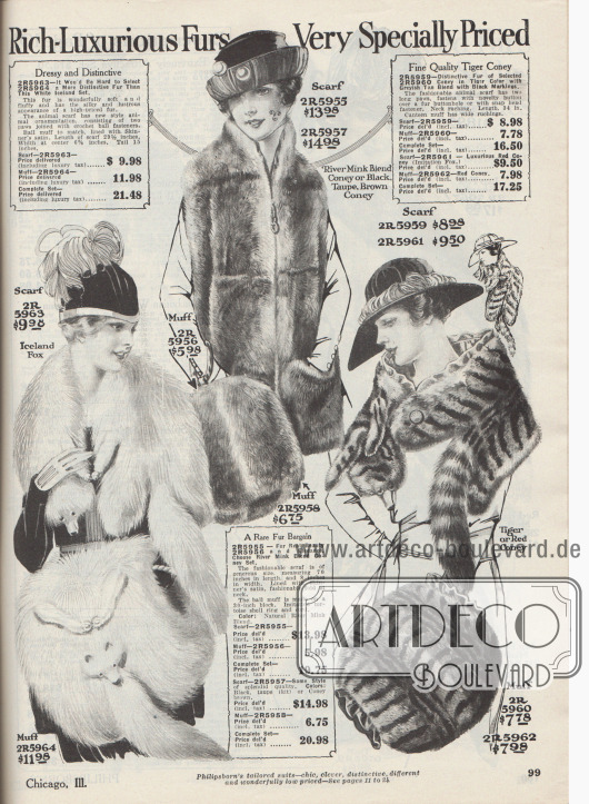 „Reich-luxuriöse Felle – sehr moderat im Preis“ (engl. „Rich-Luxurious Furs – Very Specially Priced“).
Pelzkolliers und ein breiter, westenartiger Pelzschal mit passenden Muffen. Die Pelz-Sets sind aus Islandfuchs, verblendetem Nerz- und Kaninchen und auf Tiger gefärbtem Kaninchen.
Das Pelz-Set links unten wird über Ballverschlüsse an den Pfoten verschlossen, während das Modell rechts über einen großen Knopf befestigt wird. Die Pelze und Muffe wurden alle mit Satin (hier „Skinner’s satin“ genannt) gefüttert und ausgeschlagen. Der Muff des mittleren Modells ist mit einem Cord mit einem Ring aus Schildpatt (Schildkröte) versehen.