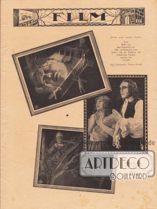 Standbilder aus den deutschen Stummfilmen von 1926 „Geheimnisse einer Seele“ sowie „Manon Lescaut“.
Die Bilderklärungen lauten „Oben und unten links: Zwei Bilder aus dem Kulturfilm der Ufa: ‚Geheimnisse einer Seele‘, der die Probleme der Freud’schen Psychoanalyse behandelt (Der Träumende: Werner Krauß). Wladimir Gaidarow und Lya de Putti in ‚Manon Lescaut‘. Regie: Arthur Robinson“.
Fotos: Ufa.