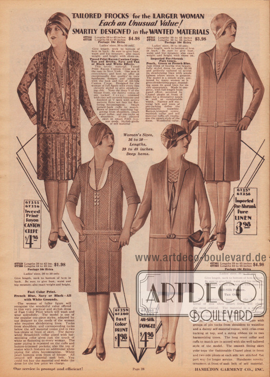 Einfache und günstige Tages- und Haushaltskleider für Frauen mit stärkerer Figur. Die Kleider sind aus tweedartig bedrucktem Rayon Kanton Krepp, bedruckter Baumwolle, Seidengewebe und sanforisiertem (gekrumpfem, vorgeschrumpftem) Leinen.
Alle Kleider präsentieren Röcke mit Keller- oder Quetschfalten sowie reiche Biesenverzierungen an den Schultern, in der Front oder auf der Hüftpasse. Die Modelle zeigen Westeneinsätze, die von V-Ausschnitten umrahmt sind.