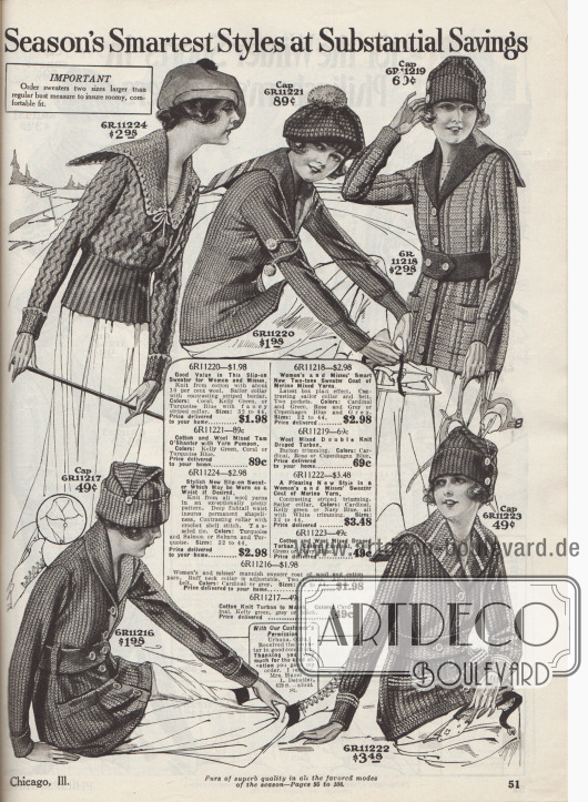 „Die schicksten Modelle der Saison mit erheblicher Ersparnis“ (engl. „Season’s Smartest Styles at Substantial Savings“).
Strickwaren für Frauen. Strickpullover, Stickjacken (Cardigans) und Strickmützen, die der winterlichen Kälte wiederstehen und bestens für den Wintersport geeignet sind. Die Pullover und Strickjacken präsentieren große Schalkragen oder besitzen einen im Rücken tiefgehenden Matrosenkragen. Die Strickkleidung ist aus Wolle, Woll-Baumwoll-Mischgarnen, Baumwolle oder Merinogarn gestrickt. Unter den Mützen befindet sich eine Schottenmütze (engl. „Tam-O-Shanter“) mit Strickpompon.