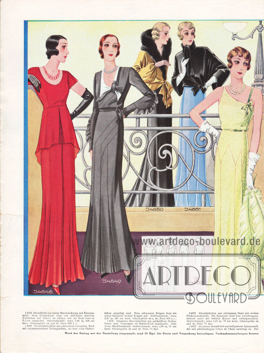 4848: Abendkleid aus rotem Marocainkrepp mit Kimonotaille. Dem Glockenrock liegt ein rückwärts geteiltes Schößchen auf. Rock und Schoß sind vorne in Falten arrangiert.
4849: Gesellschaftskleid aus schwarzem Georgette. Der Rock zeigt einen asymmetrischen Teilungseffekt, dem vorn Fächerfalten eingefügt sind.
4850: Elegantes Abendjäckchen aus goldgelbem Brokat mit Sealkragen und Bündchenärmeln.
4851: Abendjäckchen aus schwarzem Samt mit weiten Fledermausärmeln.
4852: Elegantes Abendkleid mit asymmetrischem Ausschnitt aus hellgrünem Spitzenstoff, der mit gleichfarbigem Crêpe de Chine unterlegt ist. Zackeneffekt am vorderen Rockteil.