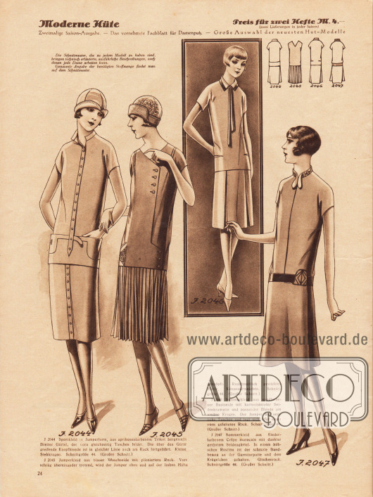 2044: Sportkleid in Jumperform, aus aprikosenfarbenem Trikot hergestellt. Breiter Gürtel, der vorn gleichzeitig Taschen bildet. Die über den Gürtel greifende Knopfblende ist in gleicher Linie auch am Rock fortgeführt. Kleine Stehkragen.
2045: Jumperkleid aus blauer Waschseide mit plissiertem Rock. Vorn schräg übereinander tretend, wird der Jumper oben und auf der linken Hüfte geknöpft. Rechtsseitlich gesticktes Motiv. Kimonoärmelchen.
2046: Sommerkleid aus sandfarbener Bastseide mit karmoisinroter Seidenkrawatte und passender Blende am weißen Kragen. Der Jumper hat seitliche Taschen und legt sich über einen vorn gefalteten Rock.
2047: Sommerkleid aus fliederfarbenem Crêpe Marocain mit dunkler getöntem Seidengürtel. In einem hübschen Rostton ist der schmale Bandbesatz an der Garniturpatte und dem Krägelchen gehalten. Glockenrock.