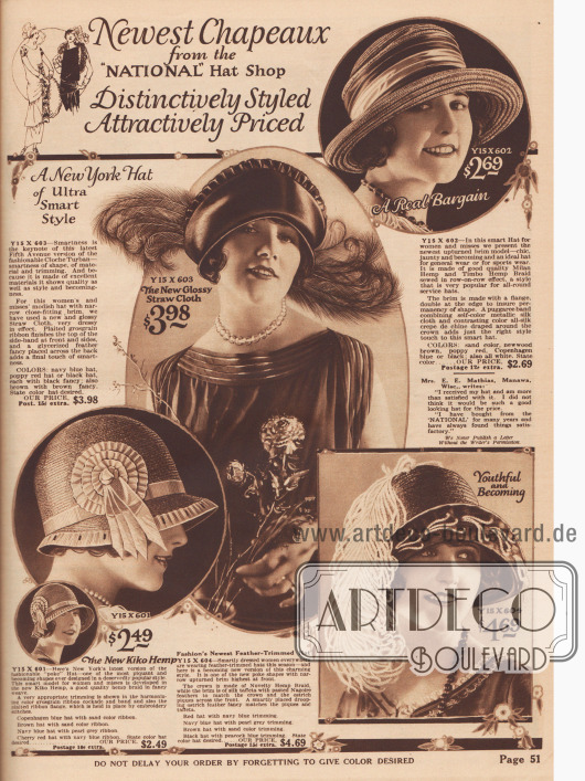 Vier ausgesuchte Hut Modelle als Fotografien. Der Topfhut unten links ist der neuste Schrei der Mode 1924.