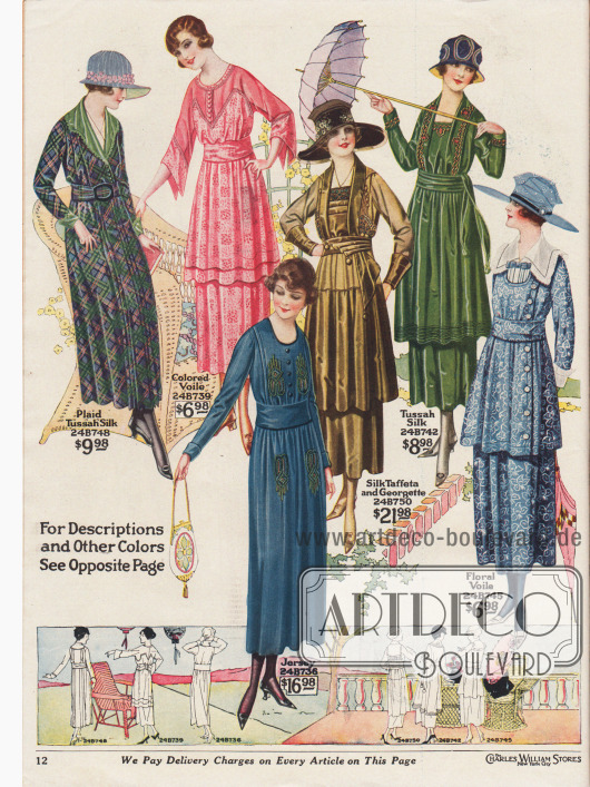 Sechs elegante Damenkleider aus karierter oder floral gemusterter Tussah Seide, gemustertem Voile (Schleierstoff), merzerisiertem Baumwoll-Jersey sowie Seiden-Taft mit Georgette.
Die unifarbenen Sommerkleider präsentieren farblich abstechende, ornamentale Stickereien. Zur Tunika verlängerte Blusen und Oberteile sind bei vier Modellen zu sehen. Beim grünen Kleid ist der Saum der Tunika mit Biesen versehen. Das erste Kleid zeigt lange Plisseefalten in der Front und einen grünen Kragen mit Bogenkante.