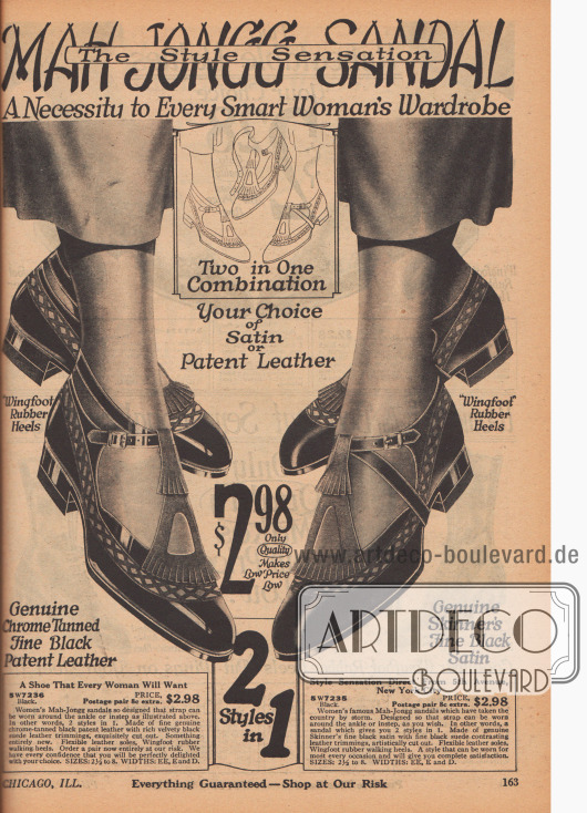 Zwei Paar Mah Jongg Sandalen mit niedrigen Absätzen und Gummibesohlung aus Lackleder (links) und Satin (rechts).