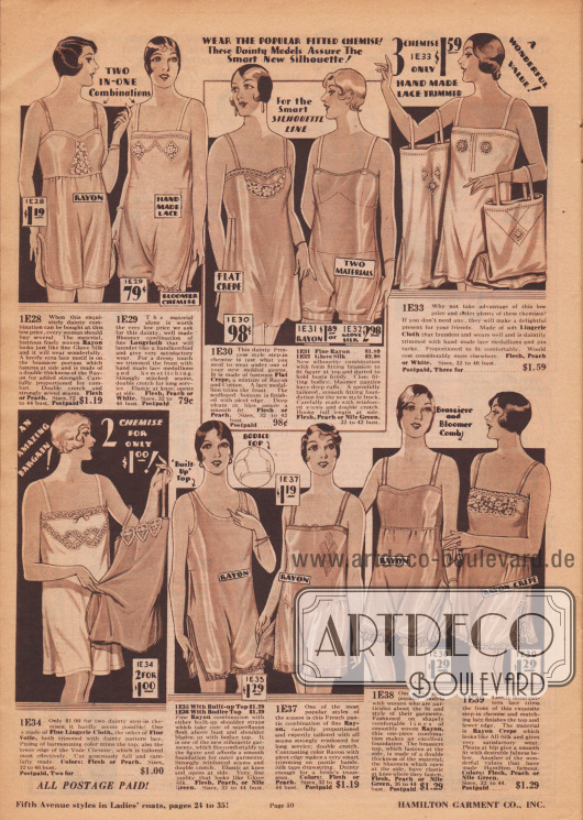 „Tragen Sie das beliebte, taillierte Unterhemd! Diese anmutigen Modelle garantieren Ihnen die schicke neue Silhouette“ (engl. „Wear the Popular Fitted Chemise! These Dainty Models Assure The Smart New Silhouette“).
Damenunterwäsche. Einteilige Hemd-Höschen-Kombinationen, Kombinationen mit Pumpbeinen sowie Unterhemden aus Rayon, „Longcloth“ (Baumwollgewebe), matt glänzendem Krepp, Handschuhseide, Lingerie-Stoff oder Voile (Schleierstoff). Die Wäsche ist mit Spitzen-Medaillons, Spitze, Hohlnähten und feinen Stickereien verziert. Pumphöschen mit elastischen Gummizügen.
