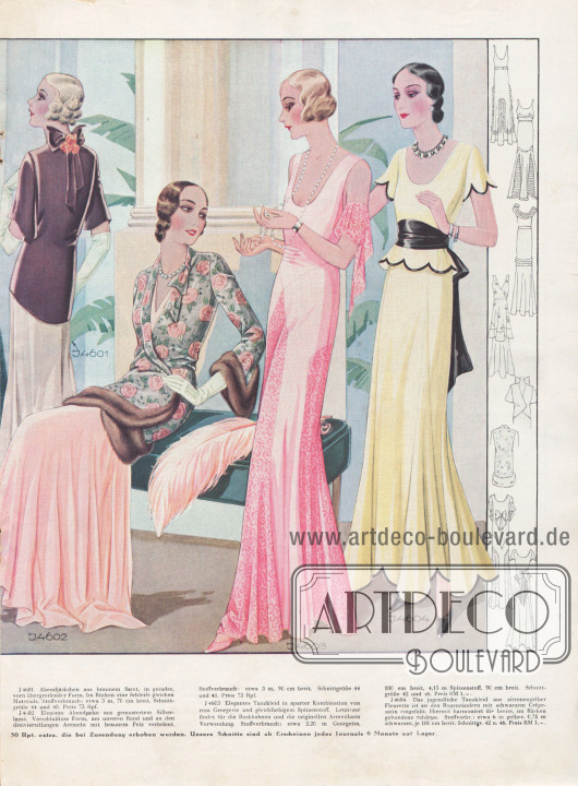 Doppelseite mit eleganten Abendkleidern und Tanzkleidern aus teuersten Stoffen. Ein braunes und ein mit Rosenblüten verziertes und pelzverbrämtes Abendjäckchen in der Bildmitte.