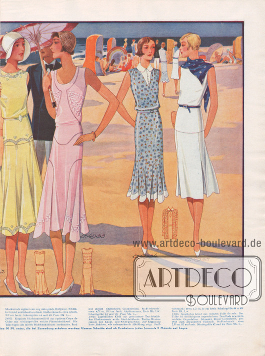 Sommer- und Strandmode für 1930: Strandensembles, Complets und ärmellose Kleider für die Strandpromenade werben um die Gunst der Dame für heiße Tage.
Die verwendeten Stoffe von links nach rechts: Wollflausch, Waschseide, Wollrips, Seide, Crêpe de Chine, Traviséseide und Toile de Soie.
Das Complet (2. Modell) ist mit Stickereimotiven und Zackenborte am Rockvolant und an der ärmellosen Jacke angereichert. Das gelbe Promenadenkleid (4. Modell) ist mit bogenförmiger Spitze besetzt, während das rosa Hochsommerkleid (5. Modell) durch weiße Plattstichstickerei bereichert wird. Die verschiedenen Teile werden durch eine Stäbchenhohlnaht miteinander verbunden.