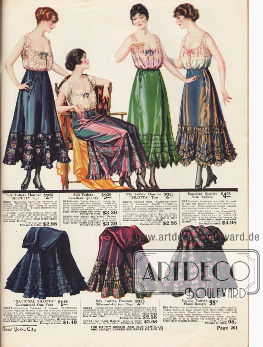 Petticoats (Unterröcke) aus schimmerndem Seiden-Taft, Seiden-Taft und Baumwoll-Seide, geblümtem Taft und „Silotta“, einem günstigen, aber strapazierfähigen Ersatzstoff für das normalerweise verwendete Seiden-Taft. Mehrreihige Rüschen und Akkordeon-Plissee sollen die Weite des Rockes am Saum erhöhen. Elastische Bündchen in der Taille erleichtern das Anziehen.