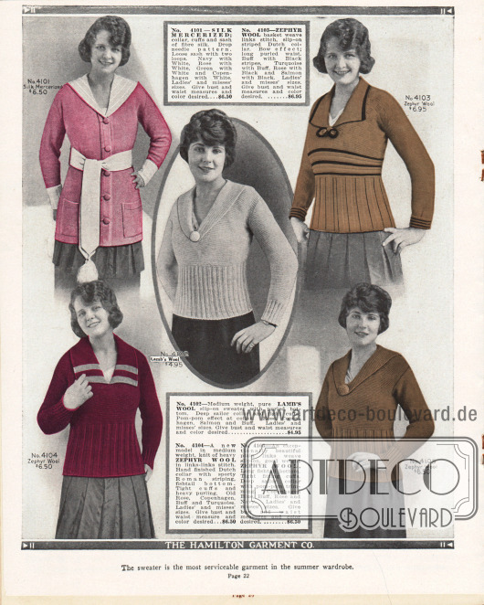 Stickpullover und Strickjacken für Damen aus mercerisierter Seide, Lammwolle und "Zephyr" Wolle (dünne und wasserabweisende Kaschmirwolle belgischer Art).