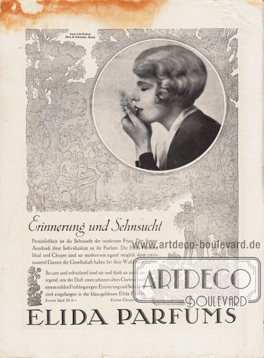 Werbung:
Elida Parfums. Modell: Anna Lisa Ryding;
Foto: Atelier Ernst Schneider, Berlin.