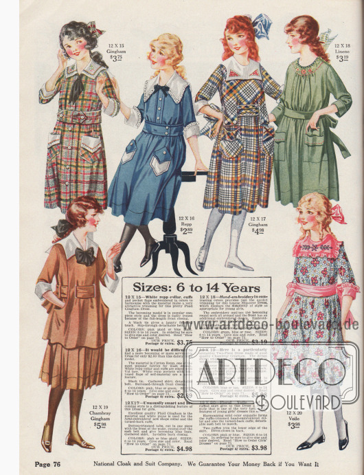 Sechs Mädchenkleider aus Gingham, Rips, Leinen, Chambray-Gingham und Voile.