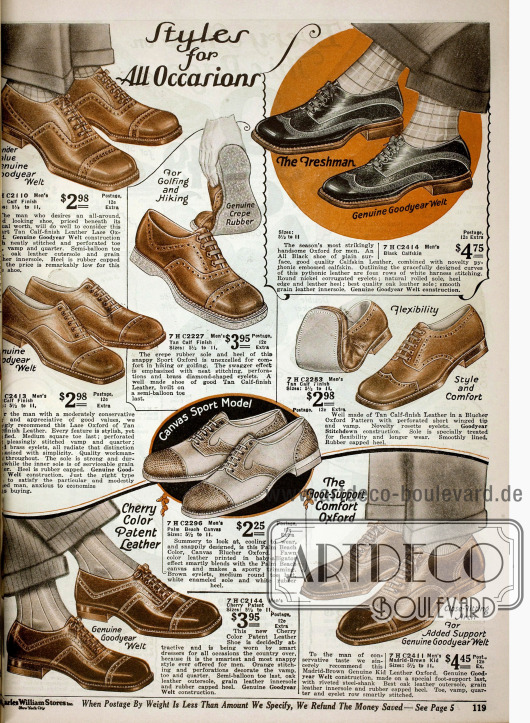 Doppelseite mit Schuhen für Jungen, die zu „allen Gelegenheiten passen“. Die Schuhe sind aus Kalbsleder, Lackleder und reptilienartigem Leder mit Perforationen, Ziernähten und teilweise mit Gummisole von Goodyear oder auch im Zweiton-Stil.