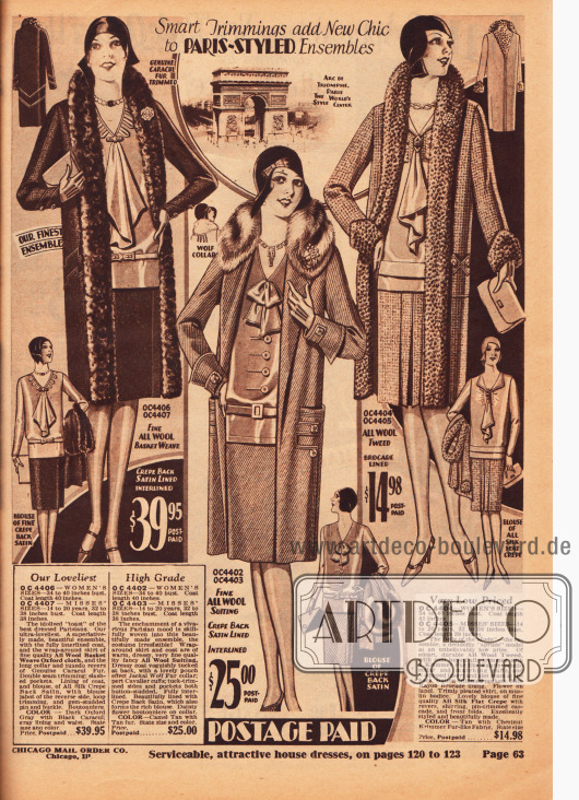 Elegante Ensembles für die modebewusste Dame. Die Mäntel und Röcke sind aus reinen Wollstoffen und Woll-Tweed, während die dazugehörigen Blusen aus Satin Krepp und Seiden Krepp sind. Die Verbrämungen sind vom Karakulschaf, Wolf und aus Pelzimitat. Alle Blusen zeigen jabotartige Krawatten oder Schleifen.