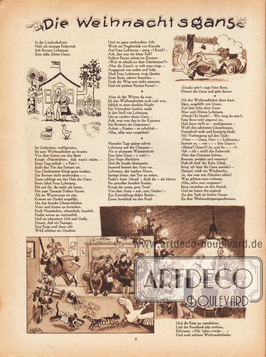 Artikel (Reim):
O. V., Die Weihnachtsgans.
Zeichnungen/Illustrationen: Hans Kossatz (1901-1985).