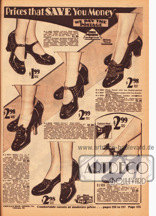 Pumps, Oxfords und Schnallenschuhe für Damen in unaufdringlichen Dessins aus Lackledern, die teilweise mit andersfarbigen oder genarbten Ledersorten kombiniert wurden. Dezente Ausstanzungen, Perforationen und Ornamente sorgen bei jedem Modell für die besondere Note.