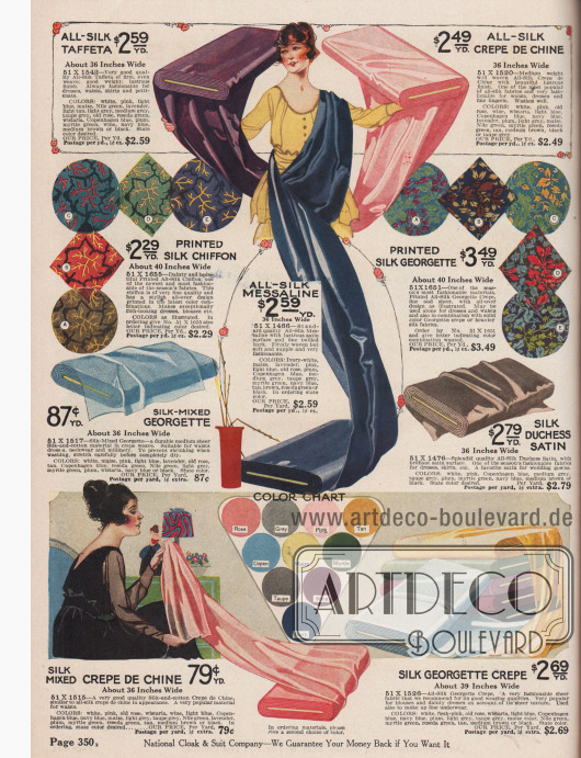 Seidenmischstoffe. Seiden-Taft, Seiden-Crêpe de Chine, bedruckter Seiden-Chiffon und Seiden-Georgette, Seiden-Messaline, Seiden-Satin und Seiden-Georgette Krepp.