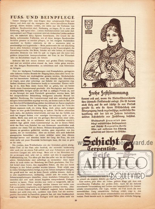 Artikel:
O. V., Fuss- und Beinpflege.
Werbung:
Schicht Terpentin-Seife (schonendes Waschmittel).
Illustration: unbekannte Sigantur.