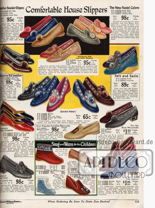 Gemütliche Hausschuhe: „Boudoir Slippers“ aus Leder mit Pompons für Damen und Pantoffeln aus Filz. Auch Mokassins (Mitte) und Puschen für Kinder werden angeboten.