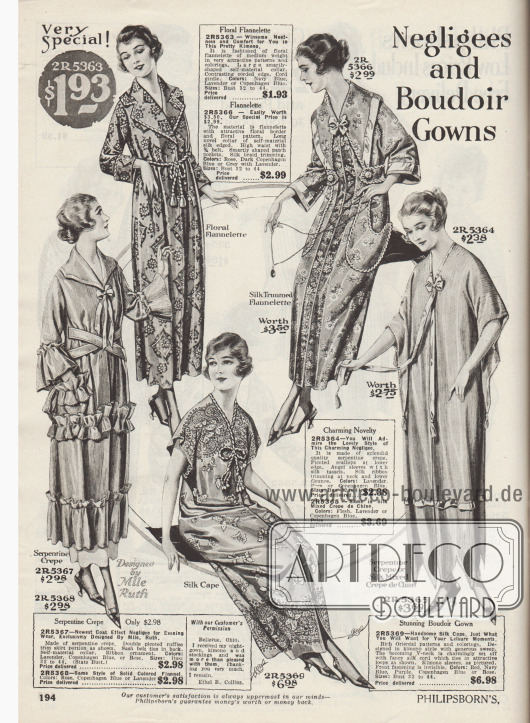 „Negligés und Boudoir-Kleider“ (engl. „Negligees and Boudoir Gowns“).
Hauskleidung für Damen. Morgenmäntel und Kleider für Schlafzimmer und Ankleidezimmer aus floral gemustertem Flanell, Serpentinen-Krepp, orientalisch gemusterter Seide oder Seiden-Crêpe de Chine.
Die Negligés zeigen Rüschen und Doppelrüschen, Schleifen, Seidenkordeln, Kimonoärmel, Einfassborten und Paspeln.
