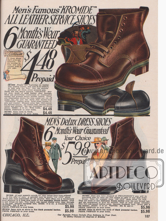 Seite mit schweren nahtverstärkten Arbeitsschuhen und Anzugschuhen für Männer für den alltäglichen Gebrauch aus Leder. Alle Modelle zeigen Perforationen, die Straßenschuhe haben zudem eine Sohle aus Goodyear Gummi.