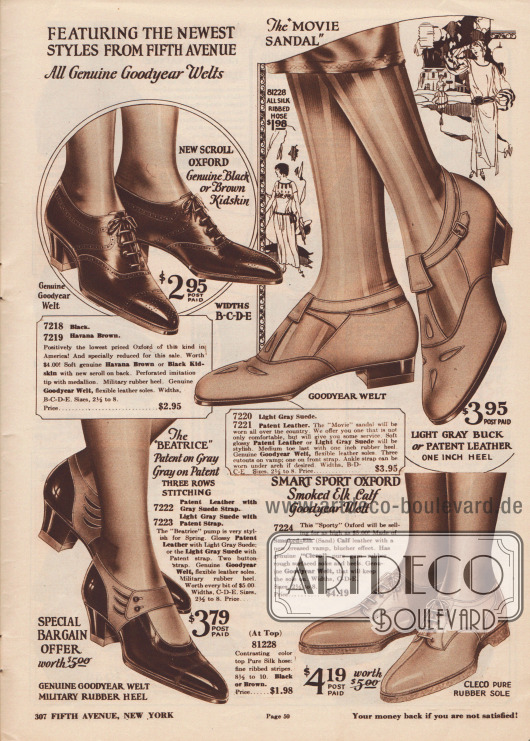 Zwei Oxford-Paare, ein Sandalen Paar sowie ein Riemenschuh Paar aus Chevreauleder (Ziegenleder), Wildleder, Lackleder oder Kalbsleder.
Alle Paare sind mit der „Goodyear Welt“ Produktionsmethode hergestellt. Zurückhaltende Ausstanzungen und Perforationen dienen als Stilelemente. Die Absätze sind niedrig oder nur unwesentlich höher („military heel“). Das Paar oben rechts wird als „Movie Sandal“ und das Paar unten links als „Beatrice“ betitelt und verkauft. Unten rechts ein Paar Sportschuhe.