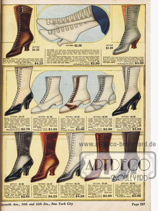 Schnürstiefel aus Lack- und Ziegenleder; teilweise auch in kontrastierenden Farben bestellbar.
