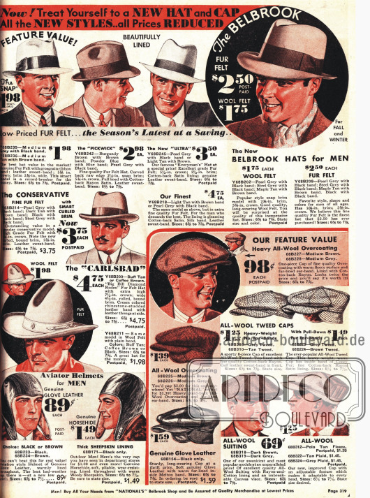 Elegante Hüte aus Baumwolle und Schiebermützen für den Mann. Rodeohut und Fliegerkappen unten links.