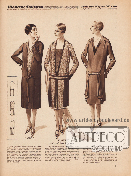 Gesellschaftskleider, beispielsweise für den Nachmittag, für Frauen mit stärkeren Figuren aus erikafarbenem Crêpe Marocain, silbergrauer Spitze in Verbindung mit schwarzem Crêpe Georgette sowie aus lila Reversible-Seide.
Das erste Kleid für den Nachmittag zeigt vorne eine écru Spitzenweste, die von einem schlanken Schalkragen umrahmt wird, deren Enden in Taillenhöhe gebunden sind und lose über den Rock fallen. In den Rock sind drei verschieden breite Plisseebahnen eingearbeitet.
Auch das zweite Modell zeigt einen plissierten pfirsichfarbenen Latz-Einsatz. Dem Spitzenrock liegen auf den Hüften gereihte Tunikateile auf.
Bunt gesticktes Band dient als Aufputz an Ärmeln und als eine Art Gürtelersatz. Im Schoß rafft dieses Band beidseitig die Kasack, so dass ein wasserfallartiger Faltenwurf entsteht. Die vom Ausschnitt ausgehend geführte Blende wird im Rücken bis zum Saum weiter geführt, wodurch das Kleid optisch geteilt wird.