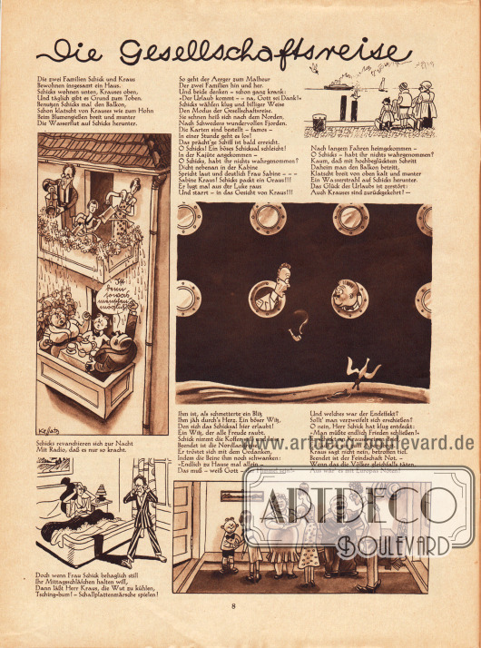 Seite mit Karikaturen und Text: Die Gesellschaftsreise.
Karikaturen: Hans Kossatz (1901-1985).