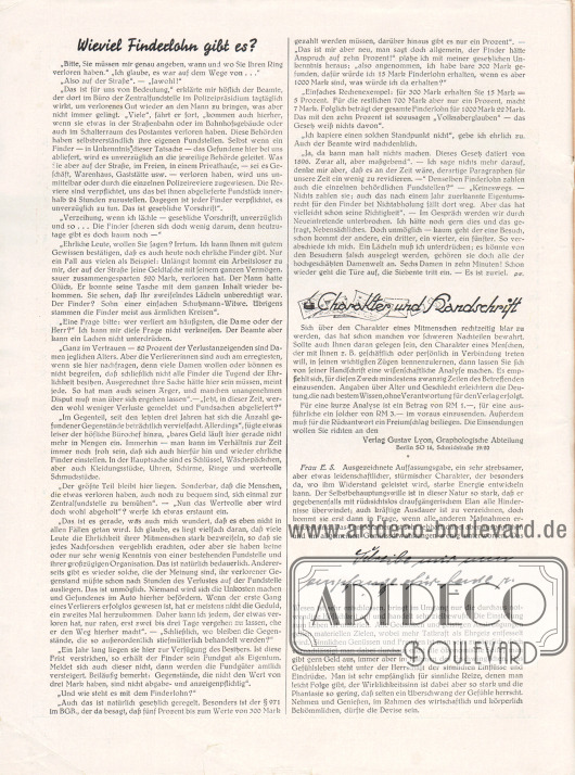 Artikel:
O. V., Wieviel Finderlohn gibt es?;
O. V., Charakter und Handschrift.
