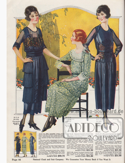 Doppelseite mit exklusiven Damenkleidern aus Seiden-Georgette, gemustertem Kreppstoff, Seiden-Taft, Satin-Messaline und Georgette-Taft. Die Kleider zeigen Plissé-Volants (1. Modell), Kaskadendrapierungen (4. Modell) und schürzenartige Tuniken (Modelle 5 und 6). Stickereien finden sich an vielen Modellen z.B. an der Taille (Modelle 1 und 3), an Kaskaden (4. Modell). Das 6. Kleid ist mit Perlen bestickt. Die Kleider kosten zwischen 21,50$ und 58,75.