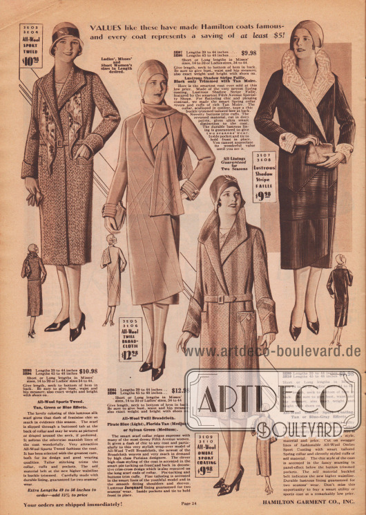 „Werte wie diese haben Hamilton Mäntel berühmt gemacht – und jeder Mantel repräsentiert eine Ersparnis von wenigstens 5,- Dollar!“ (engl. „Values like these have made Hamilton coats famous – and every coat represents a saving of at least $5!“).
Frühjahrsmäntel aus Sport-Woll-Tweed, Woll-Breitgewebe, Woll-„Ombre“-Sportmantelstoff oder glänzender, schattengestreifter Seiden-Faille für Damen.
Der erste Damenmantel besitzt einen gemusterten Seidenschal, der durch eine Patte im Nacken geführt ist. Der Kragen ist abgesteppt. Der zweite Mantel präsentiert einen Kragen, der in sehr lange Schalenden übergeht. Mantel, Kragen und Ärmelmanschetten sind reich mit Haarbiesen im „criss-cross“ Design verziert. Jacquard ist als Mantelfutter verwendet.
Das dritte Modell ist ein Sportmantel und zeigt dekorative Stepperei am Stehkragen, den breiten Manschetten, den Taschen und zudem seitliche Paspeln. Der vierte Mantel erhält seinen besonderen Charme durch den Kontrast zwischen dem dunklen Mantelstoff und dem hellem Moiré-Stoff aus dem der große, bogige Stehkragen sowie die passenden Manschetten gearbeitet sind. Apart wirkt zudem die horizontale und vertikale Verarbeitung des dunklen Stoffes.