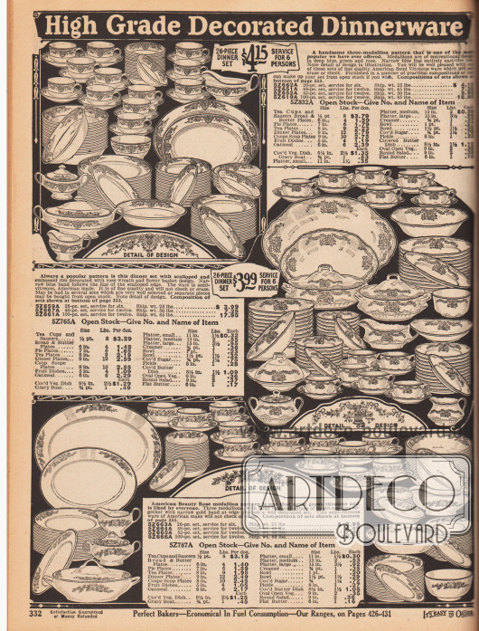 „Hochwertige dekorierte Geschirrservice“ (engl. „High Grade Decorated Dinnerware“).
Drei leicht unterschiedliche 26-teilige Porzellanservice (für sechs Personen) für das Esszimmer mit bemalten und dekorierten Rändern mit Blüten und Zweigdekor (hier „three-medallion pattern“). Die Service können auch aus 48, 52 oder auch 100 Teilen bestehen. Zum Porzellangeschirr gehören Kaffee- und Teetassen, Untertassen, Kuchenteller, Butterschalen, Schälchen für Nachtische, Fruchtschalen, Suppenschüsseln, Saucieren, Zuckerdosen und Sahnekännchen, Schalen, Porzellantabletts, Teller und Suppenteller.