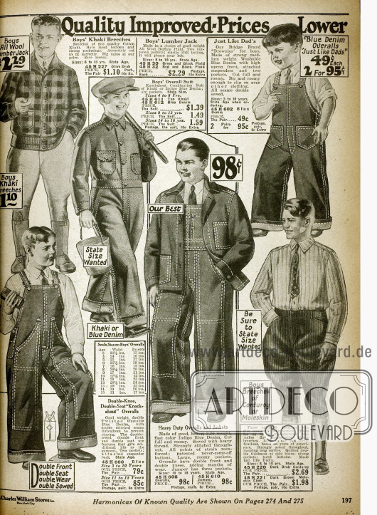 Overalls und Arbeitsjacken aus Khaki und Denim (Jeans) für Jungs und junge Männer sowie Kniebundhosen aus Kord und Khaki. Auch eine Lumber Jack Jacke (Holzfällerjacke) ist bestellbar (oben links).
