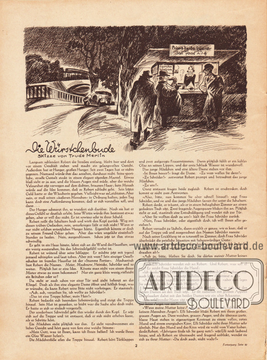 Artikel:
O. V., Die Würstchenbude.
Skizze: Trude Merlin.